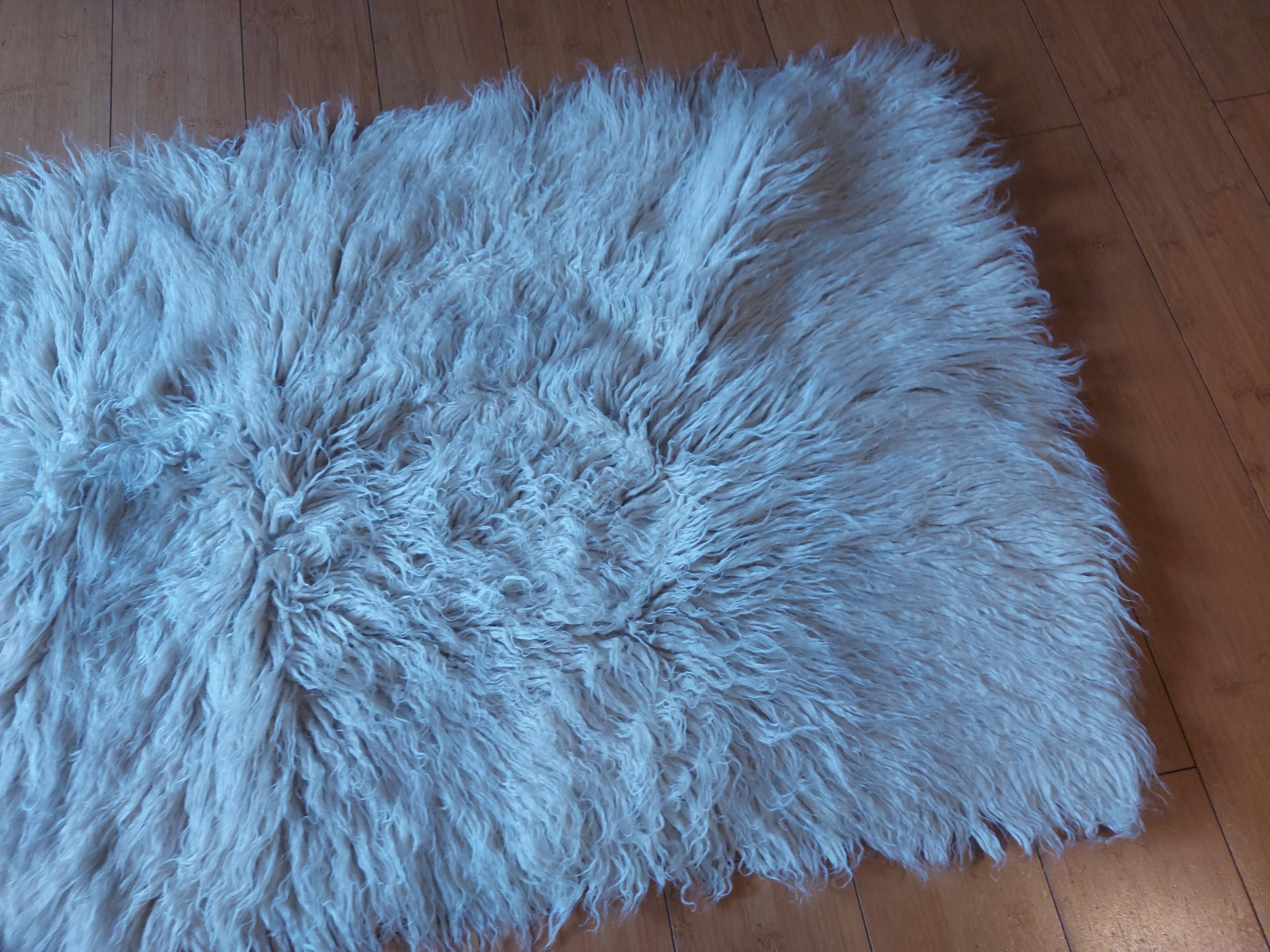 White pure wool long pile rug, vintage