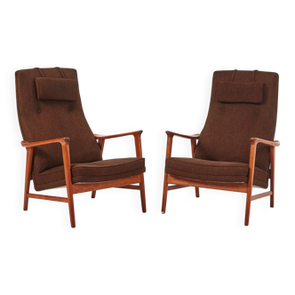 Pair of adjustable lounge chairs "Duxiesta" in teak and brown wool by Folke Ohlsson, Dux Sweden, 1960s.