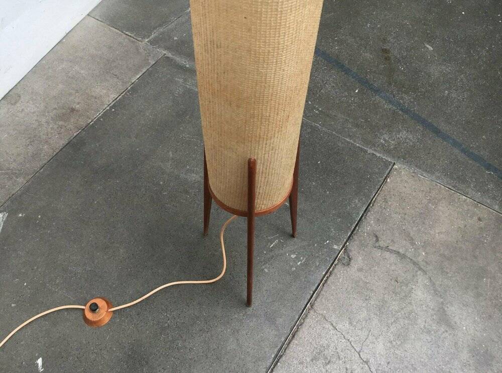 Mid-century tripod rocket floor lamp in teak, 1960s.