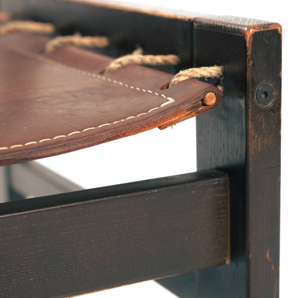 Vintage Brutalist Hide Leather and Wood with Rope Dining Chairs, Set of 2