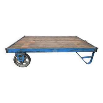 Large blue industrial coffee table cart, 1960s