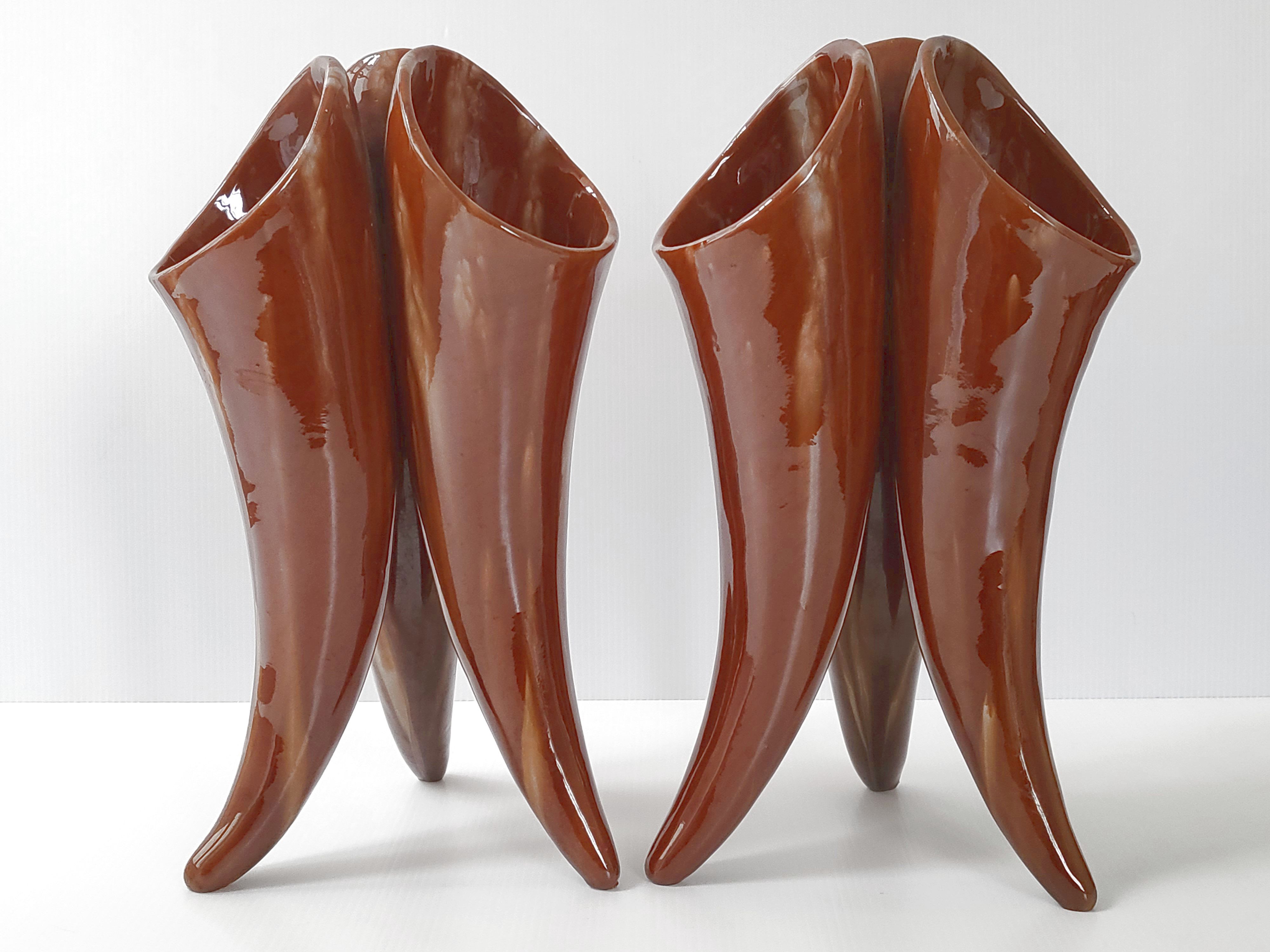 Pair of vases with 3 vintage horns 1960