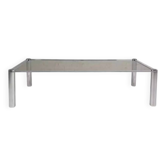 Rectangular coffee table from the 70s in chrome steel and smoked glass top