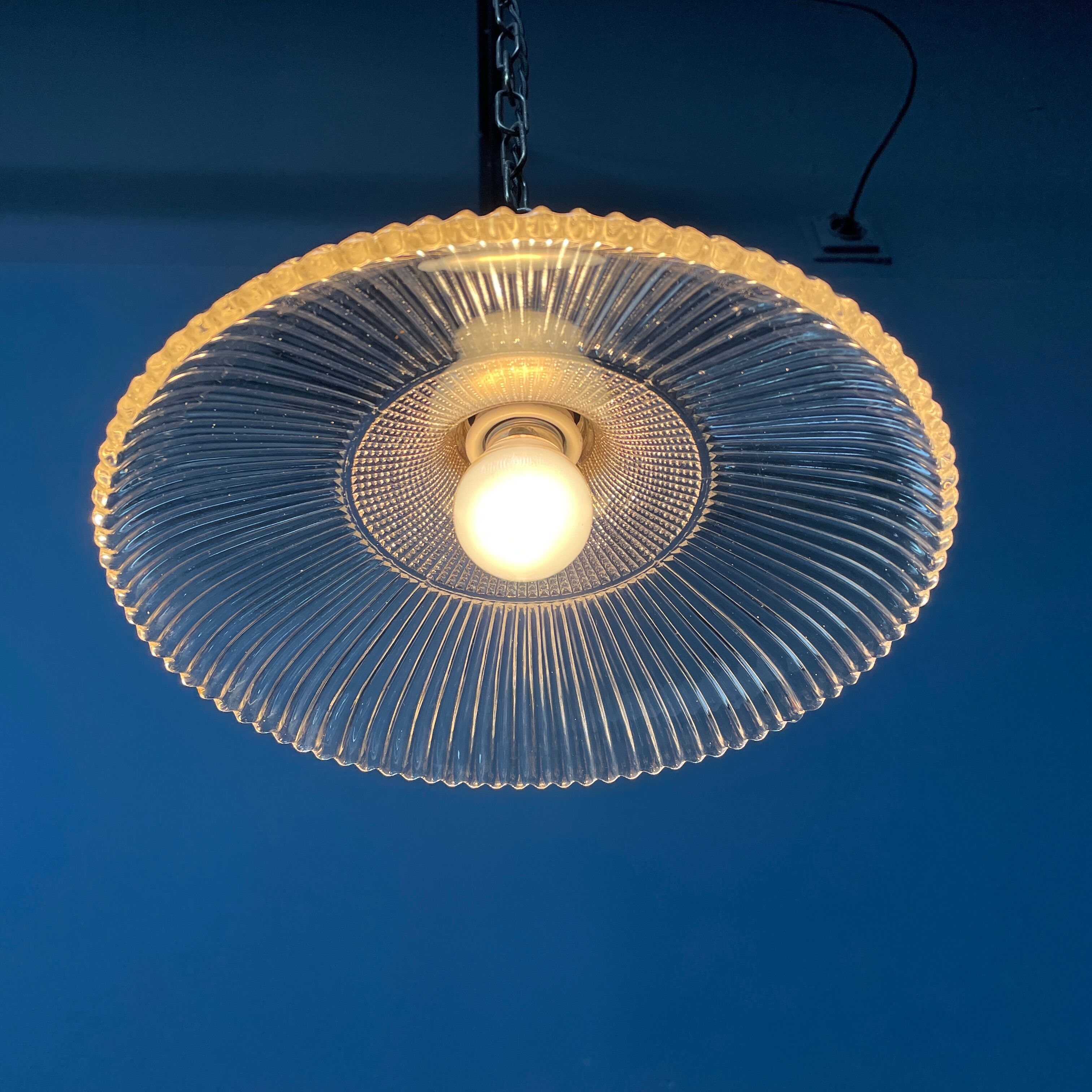 Glass holophane hangingor pendant lamp with brass gallery