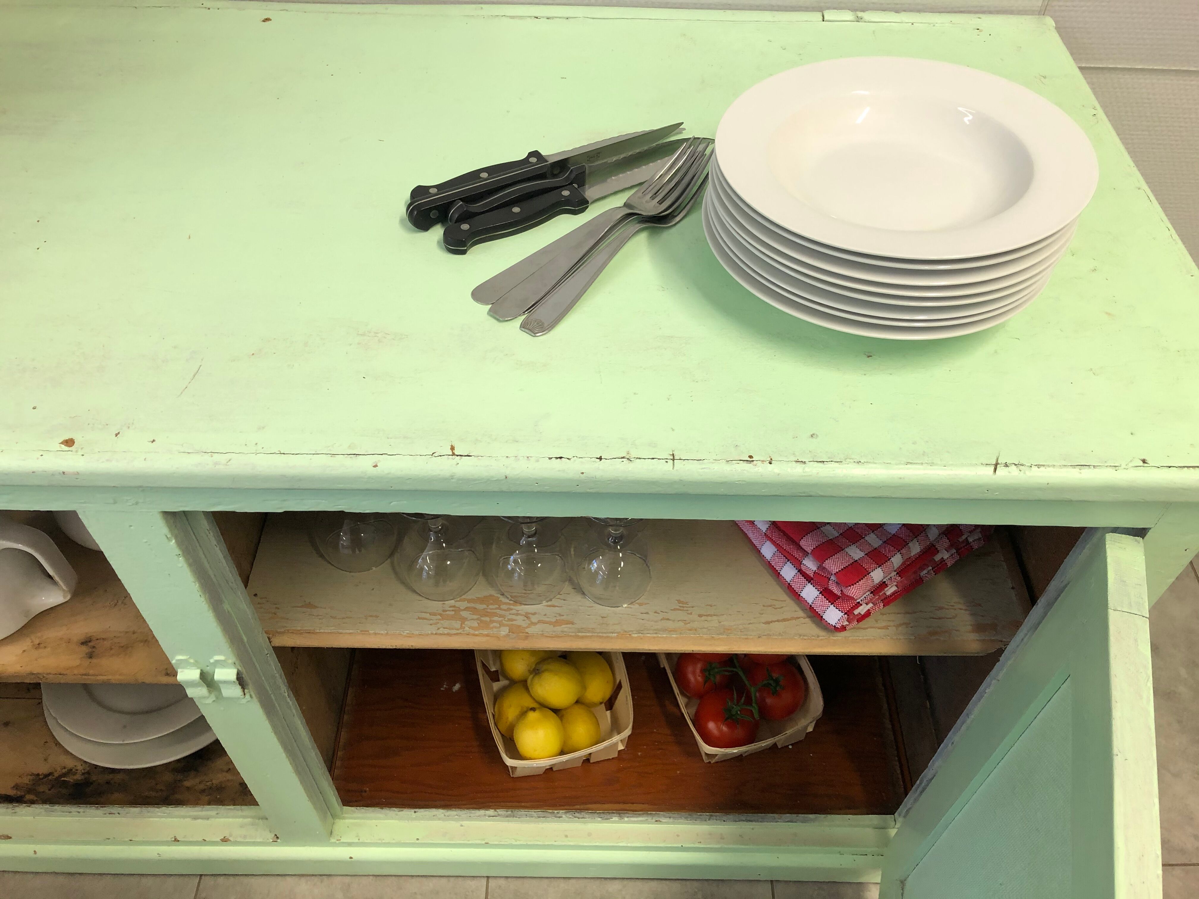 Low green patinated furniture