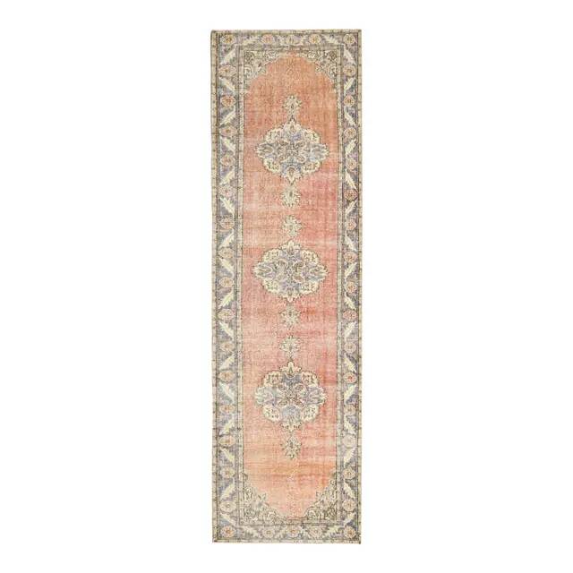 Vintage Turkish Oushak handmade wool cotton red runner rug 94x335