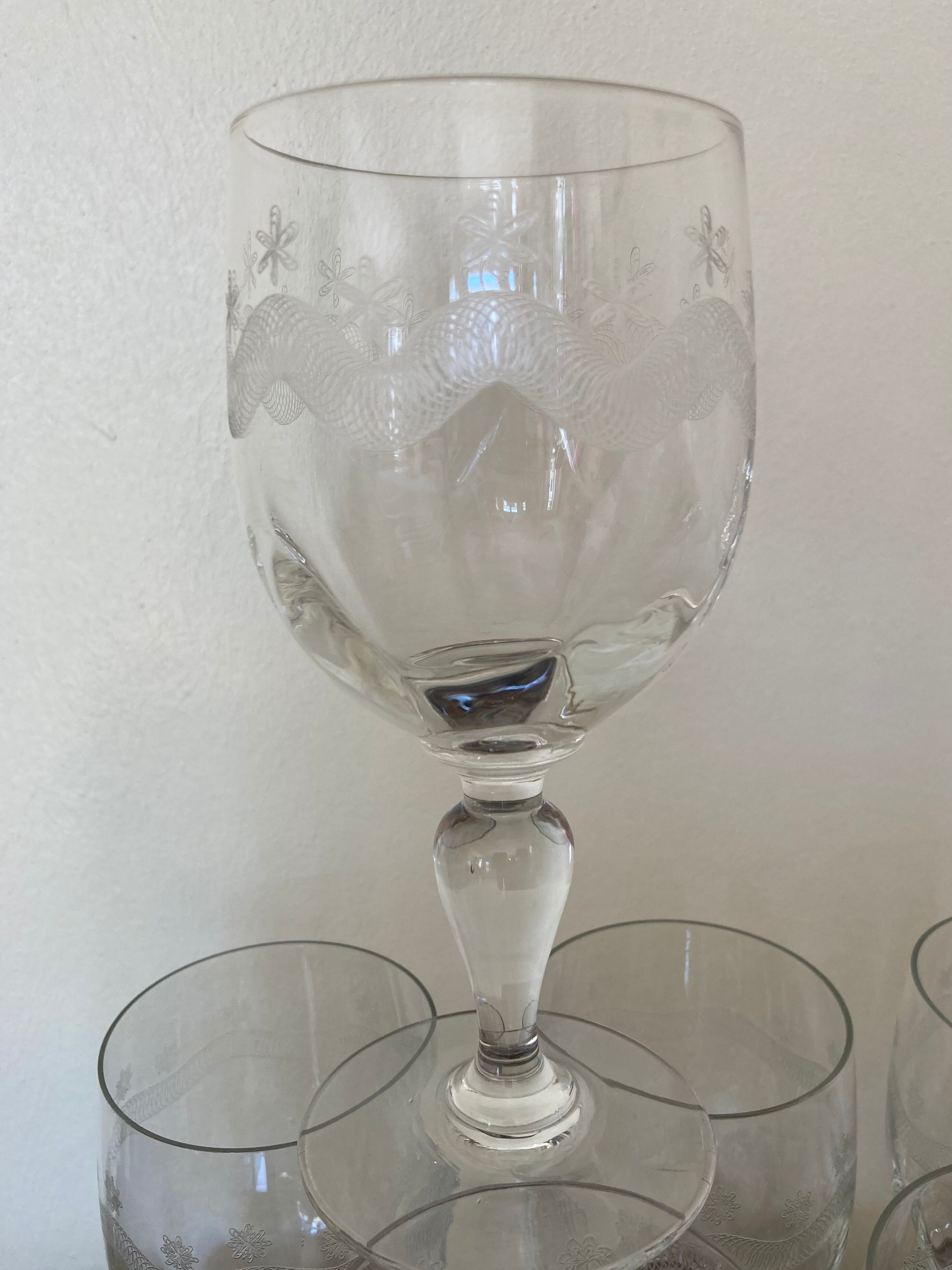 Set of 7 water glasses engraved crystal from Portieux