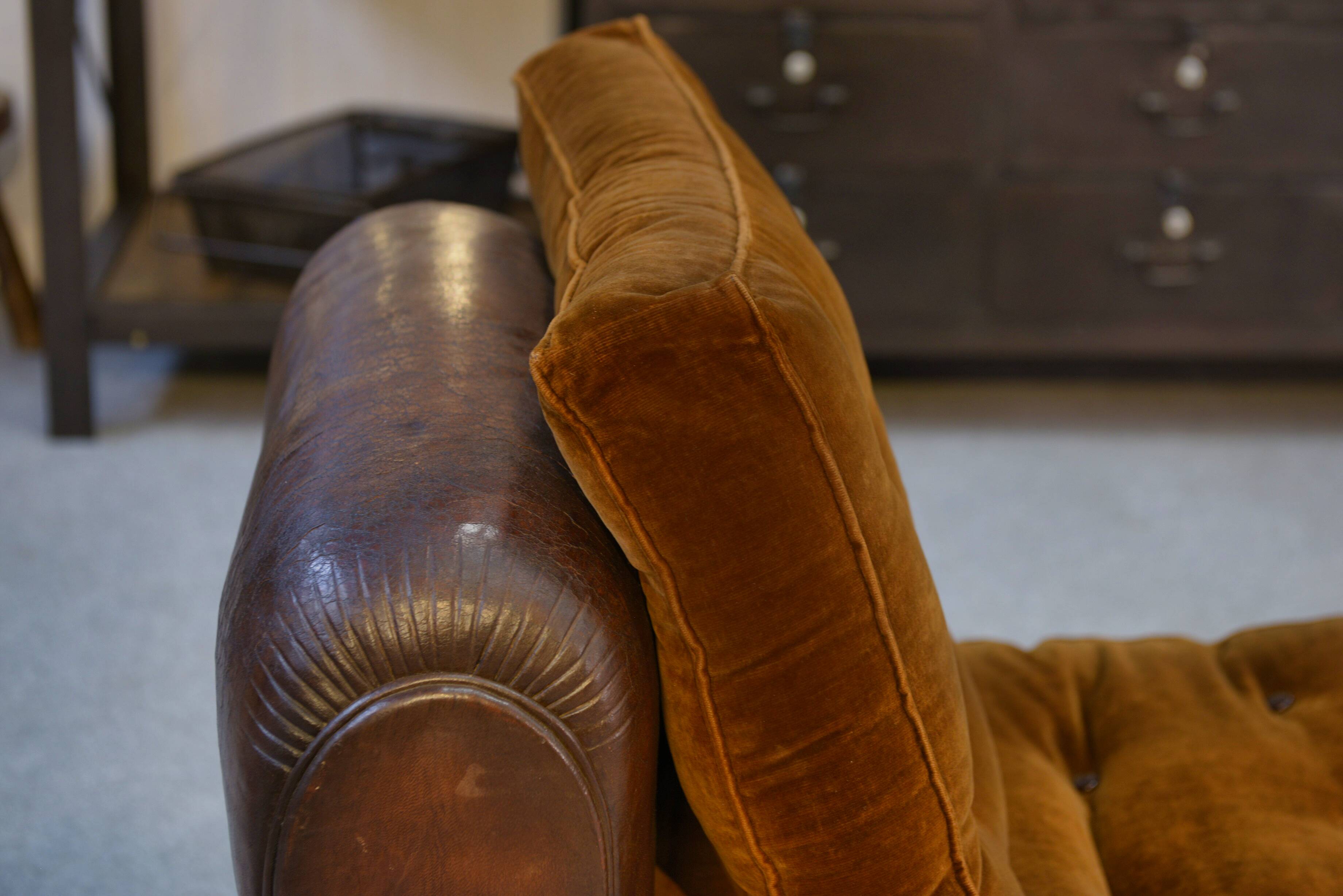 1920s convertible leather club bench with velvet seats