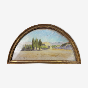 Paysage provençal, ancien pastel signé, cadre demi rond 42,5x23,5 cm SB