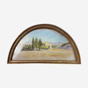 Provençal landscape, old signed pastel, half round frame 42.5x23.5 cm SB