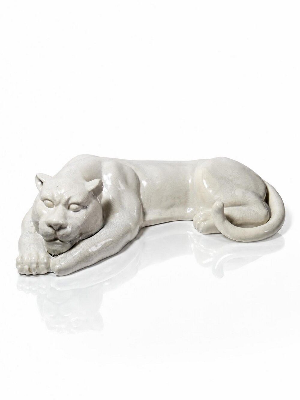 Large elongated panther in crackled earthenware, vintage 1960s-1980s.