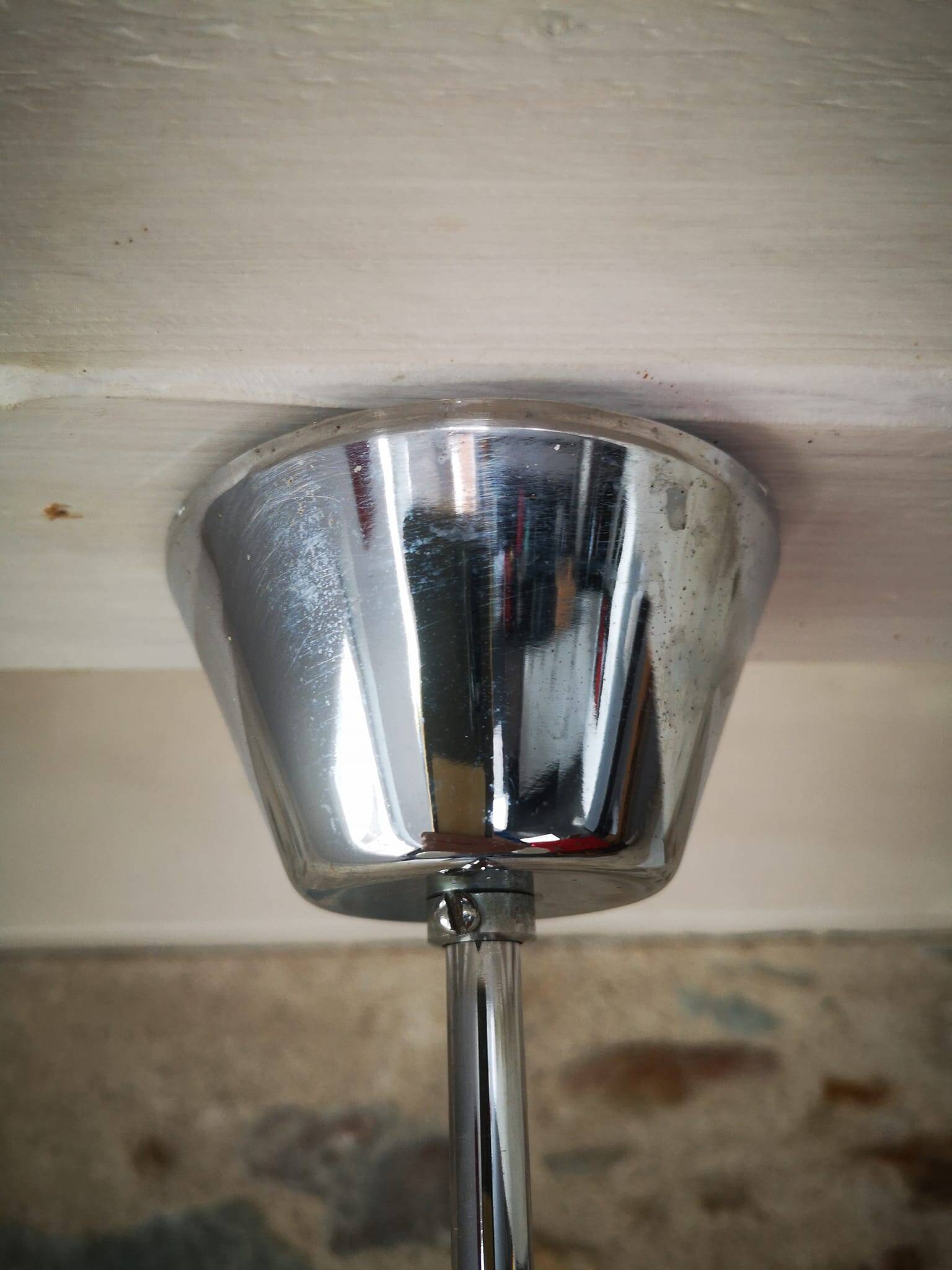 Old 3-light globe opaline stainless steel pendant/chandelier 1960/1970 space age vintage