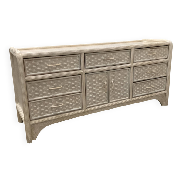 Buffet blanc en rotin/bambou tissé, années 70