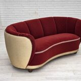 1960s, Danish curved 2-seater sofa, red/beige furniture wool fabric.