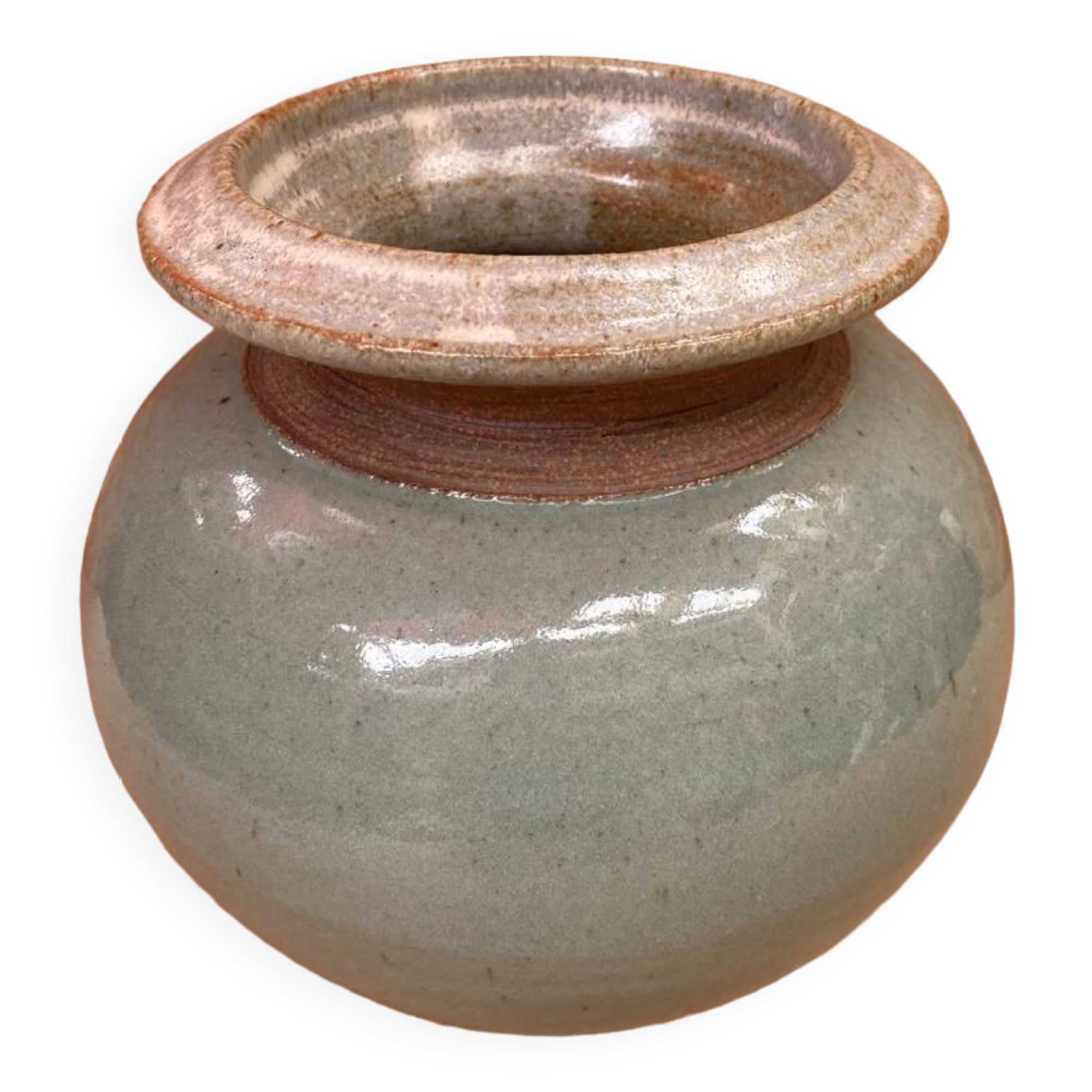 Antique vintage grey beige glazed stoneware ball vase