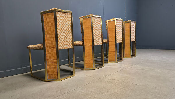 Ensemble de 4 chaises de salle à manger en laiton et osier de Romeo Rega pour Mario Sabot, années 1970.