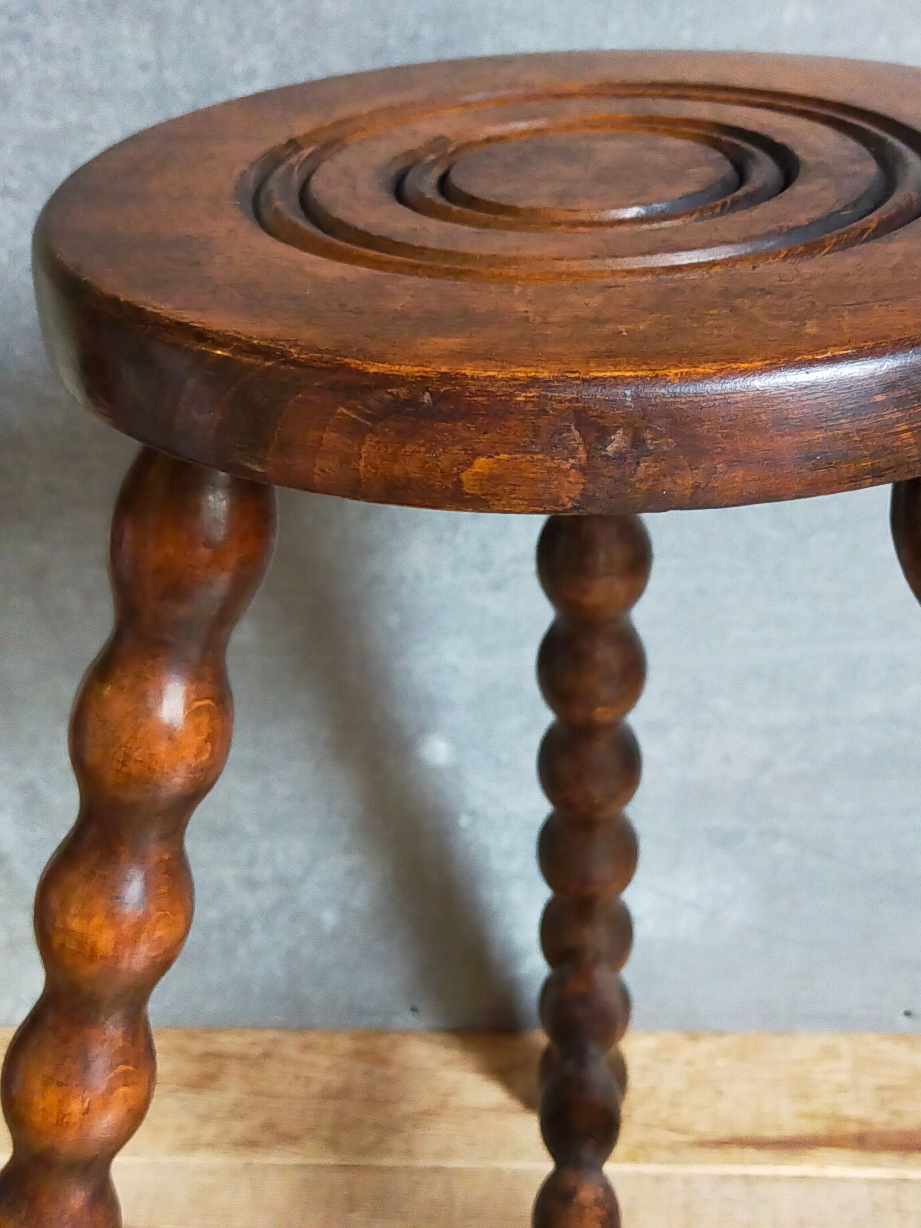 Tripod stool solid wood turned vintage