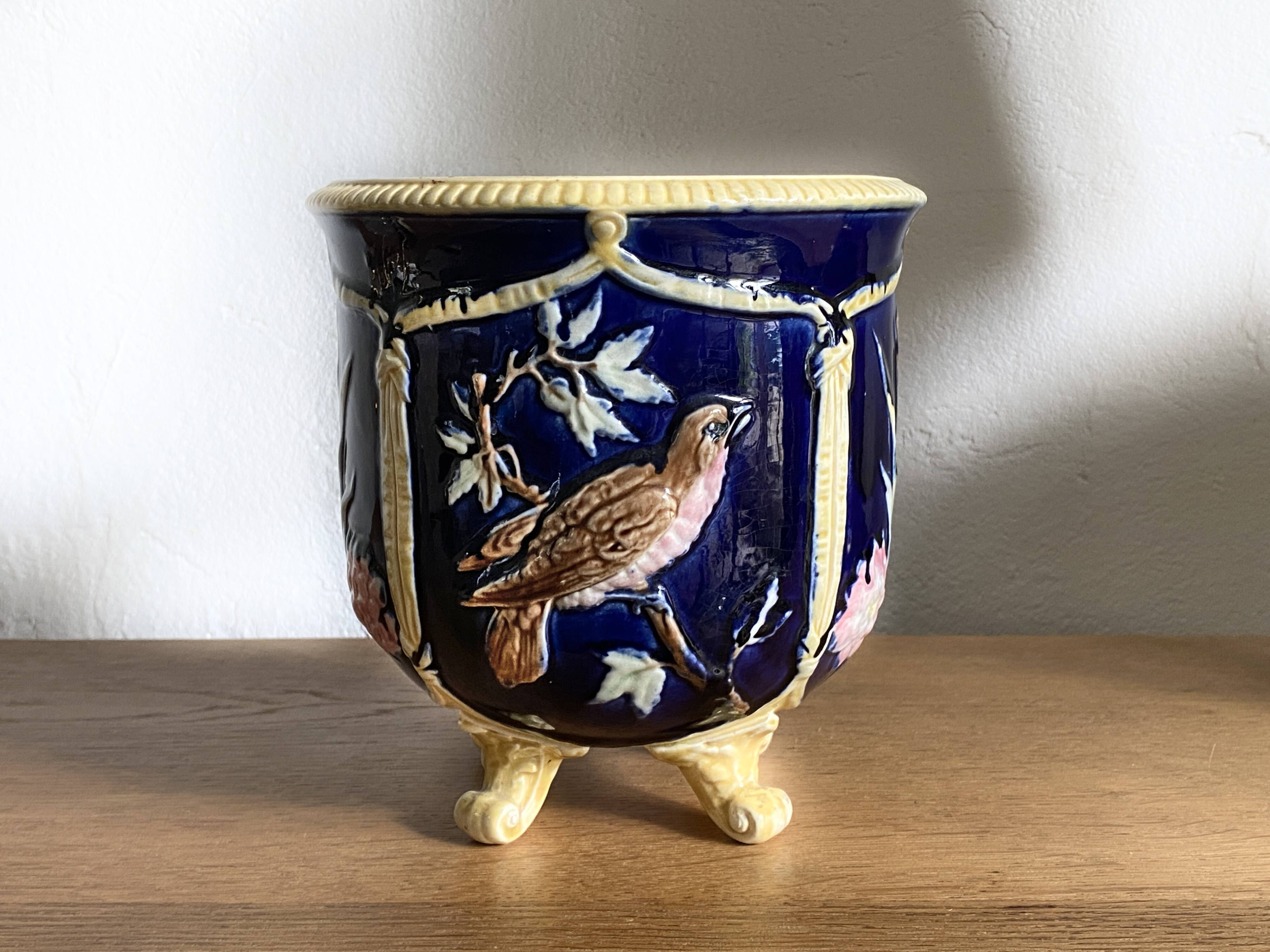 Antique earthenware flowerpot with bird decoration - circa 1900