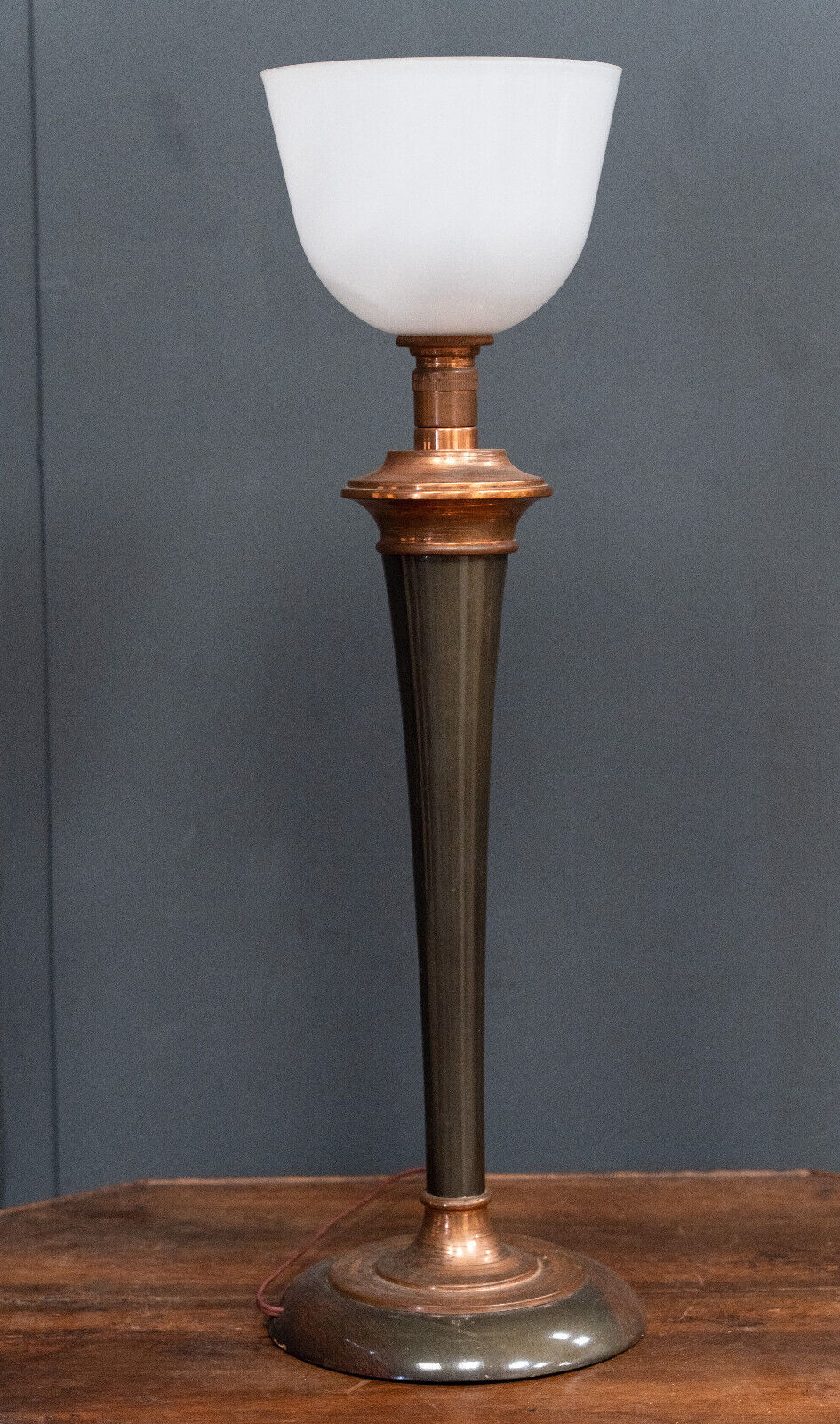 White Mazda opaline lamp on stand in wood and brass