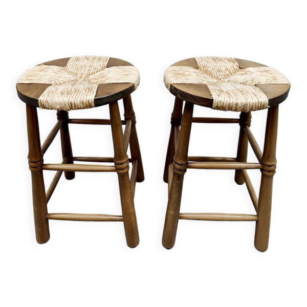 Tabourets en corde français brutaliste vintage Wabi Sabi