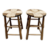 Tabourets en corde français brutaliste vintage Wabi Sabi