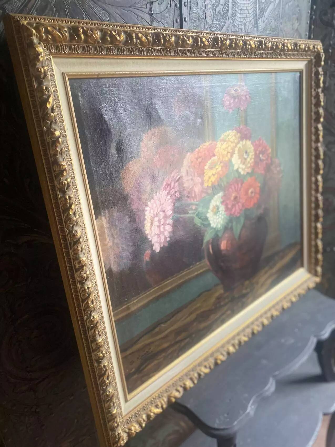 Old painting, oil on canvas "bouquet of dahlias" signed G. Müller, 20th Century School