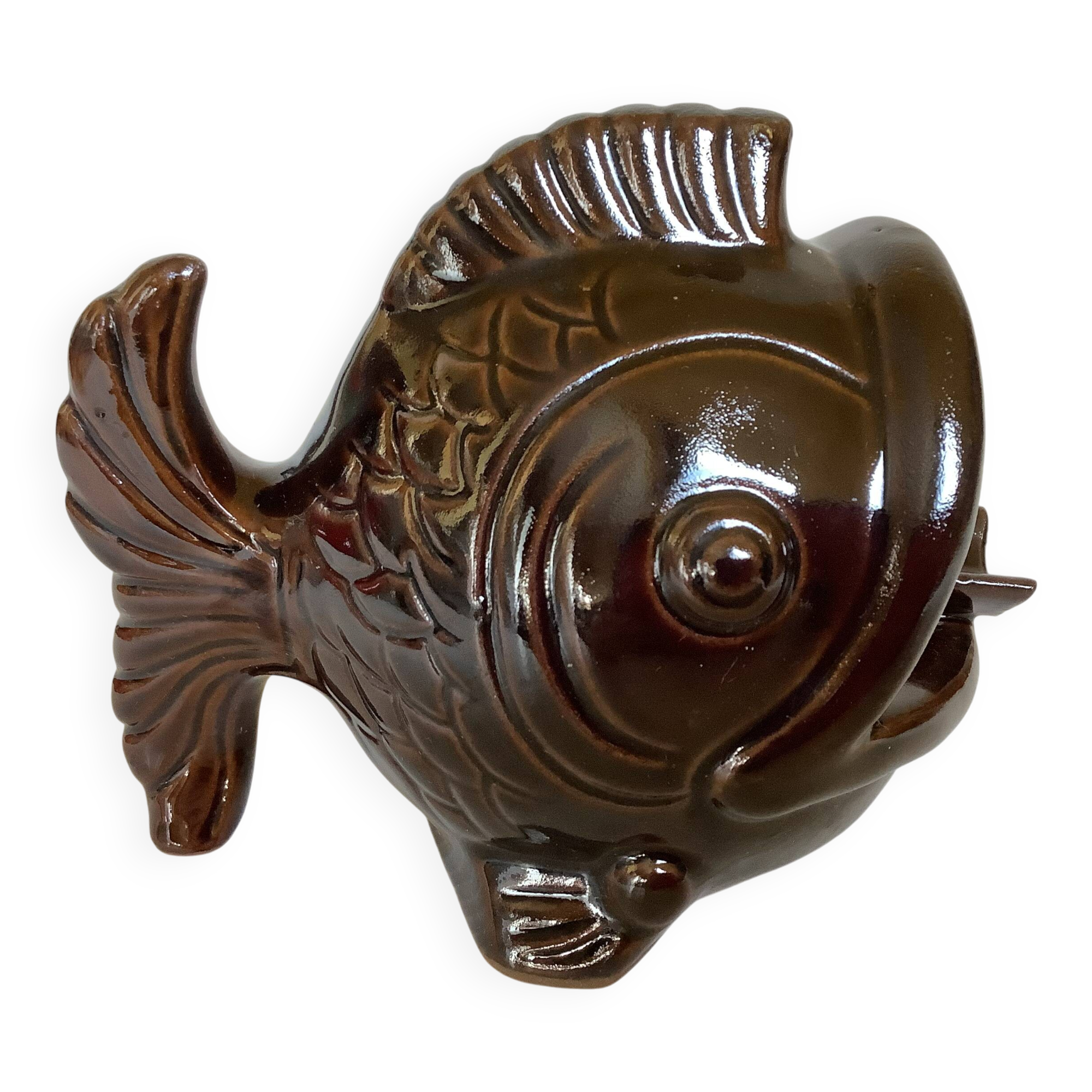 Brown ceramic fish ashtray