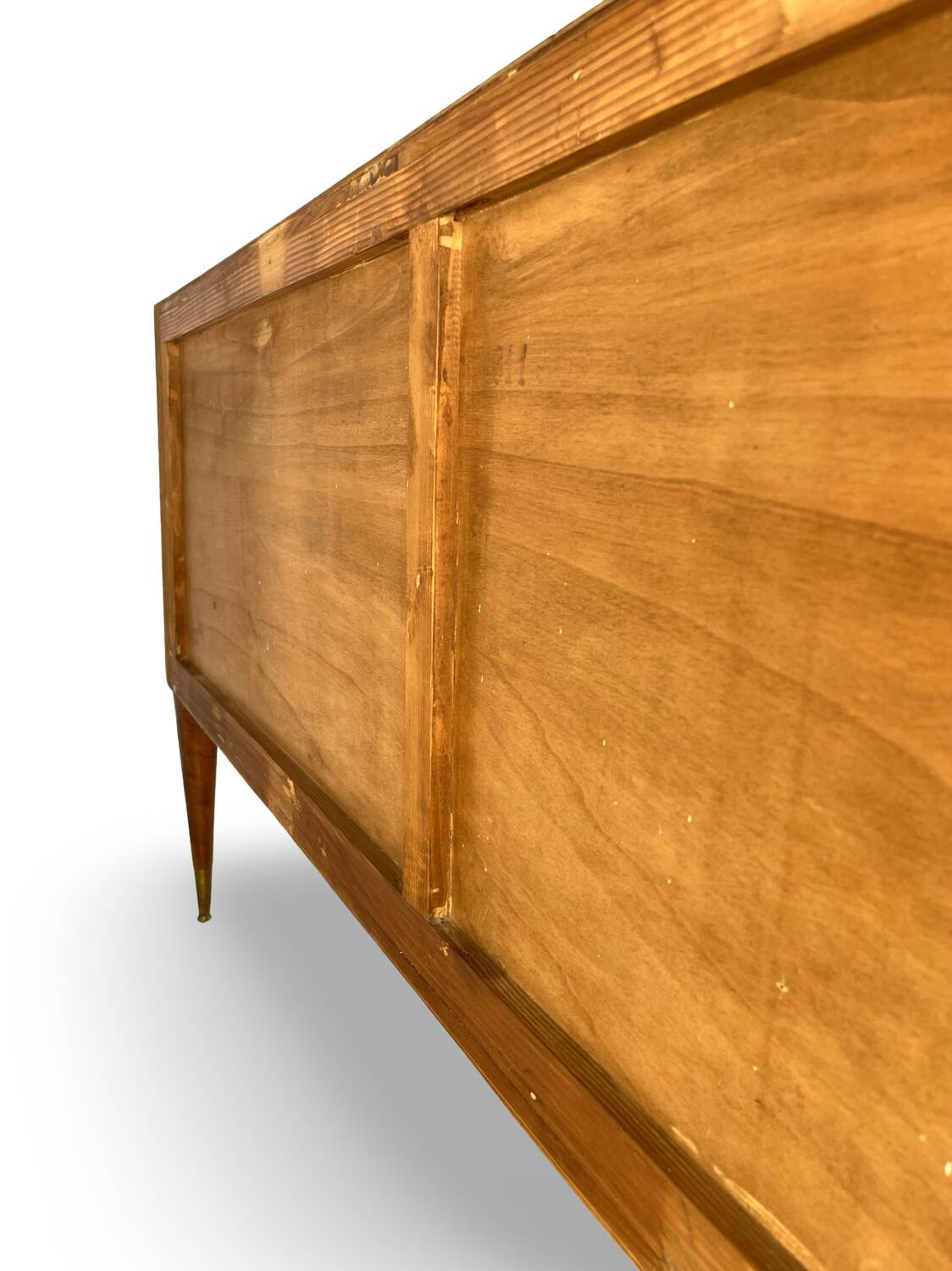 Veneered burl walnut chest of drawers with light warm brown glass top