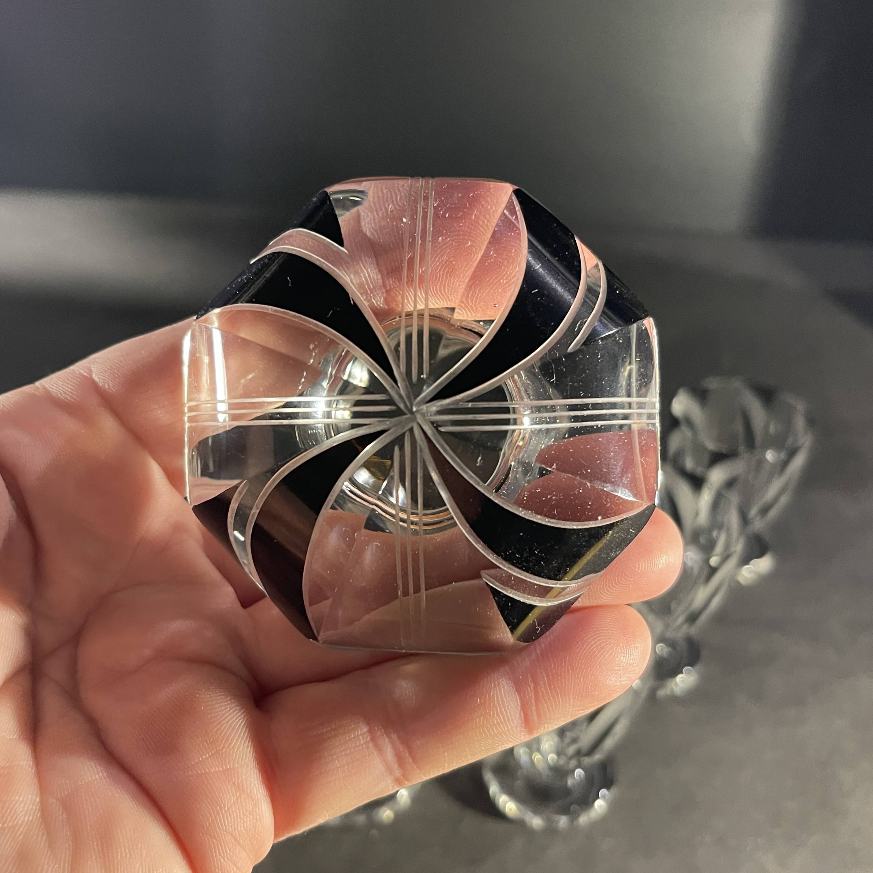 Art deco liqueur set, carafe & 6 glasses, cut double crystal, cubist decor, karl palda