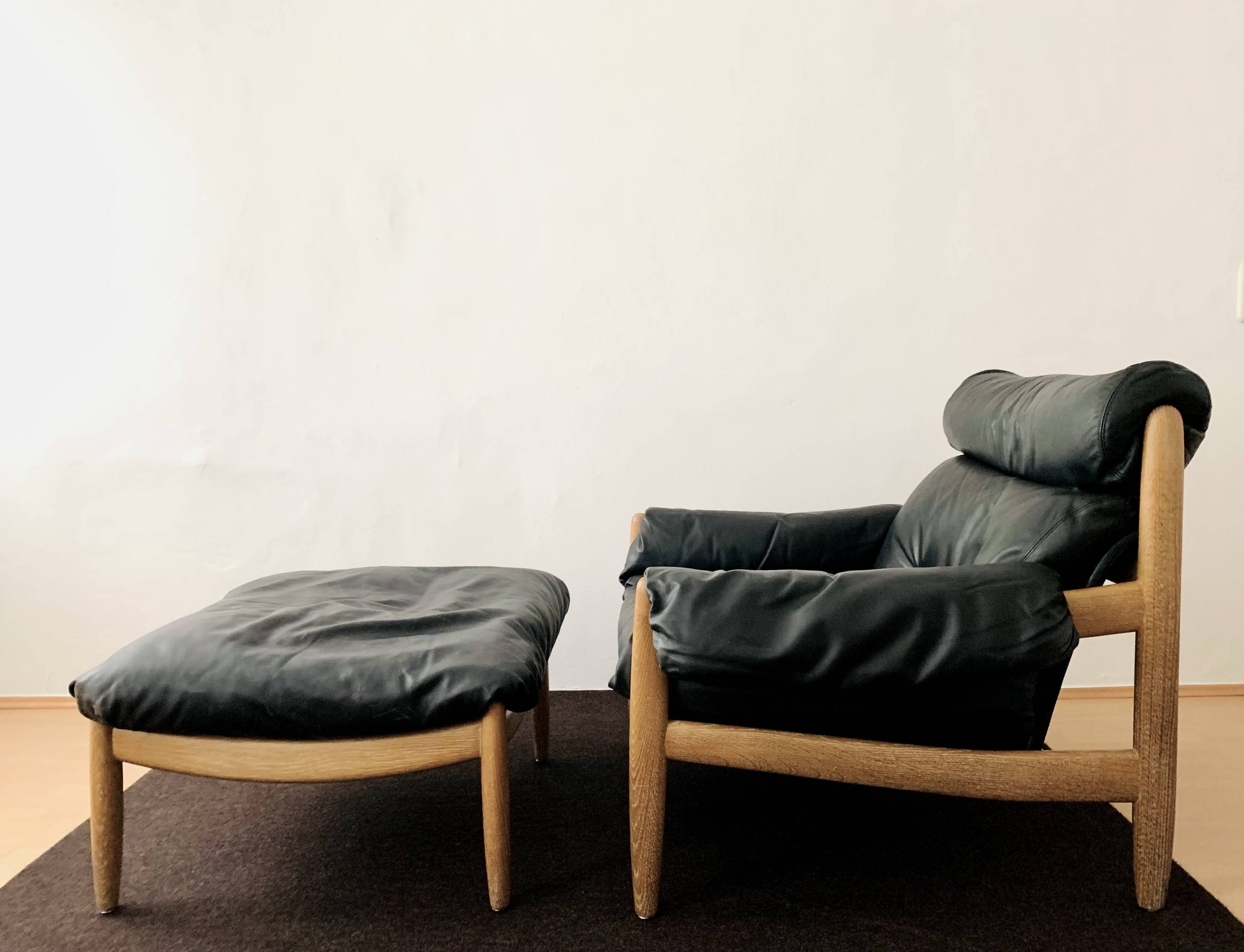 Danish Oak and Leather Lounge Chair with Ottoman