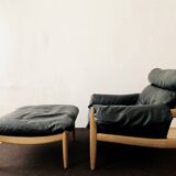 Danish Oak and Leather Lounge Chair with Ottoman