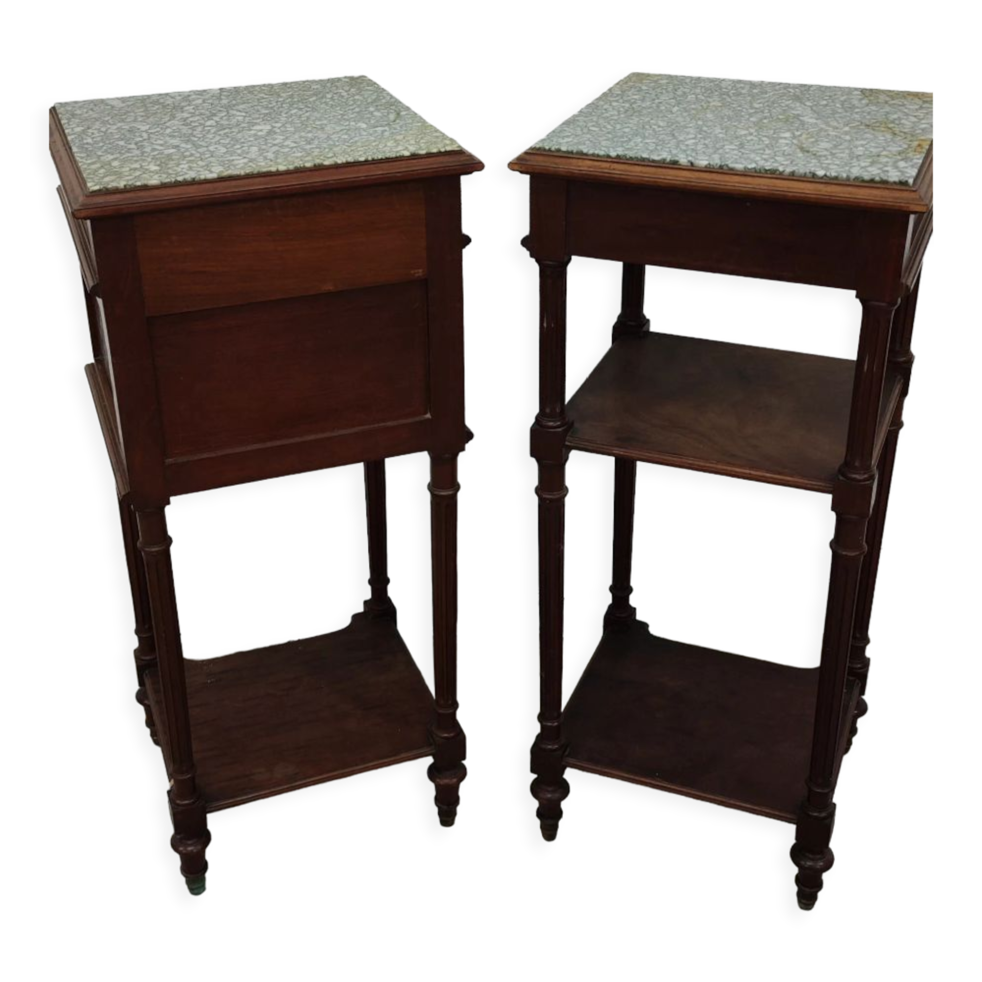 Pair of bedside old marquetry top green marble and bronze decorations