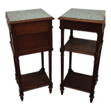 Pair of bedside old marquetry top green marble and bronze decorations