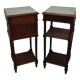 Pair of bedside old marquetry top green marble and bronze decorations