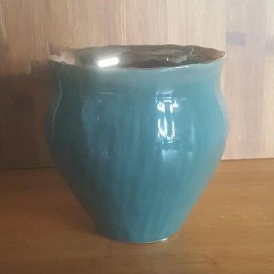 Vintage green and bronze ceramic pot cover vase