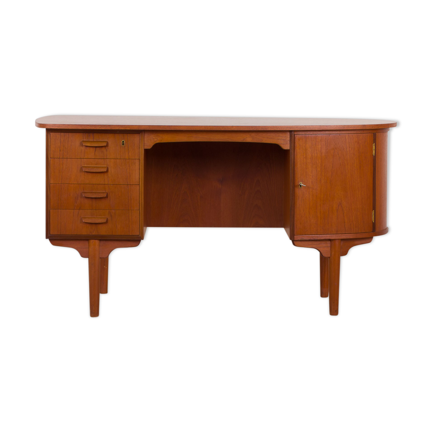 Mid Century free standing bullet shape executive teak desk by H.P. Hansen, Denmark, 1960s