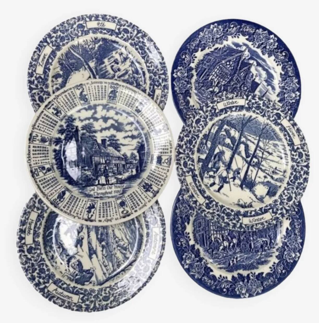 6 vintage English blue Staffordshire plates