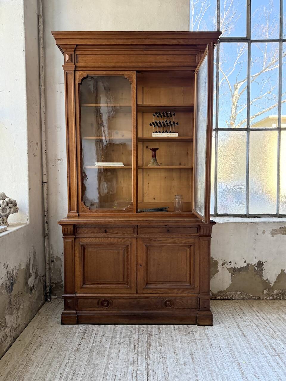 Antique XL Napoleonic oak glass bookcase, 19th century