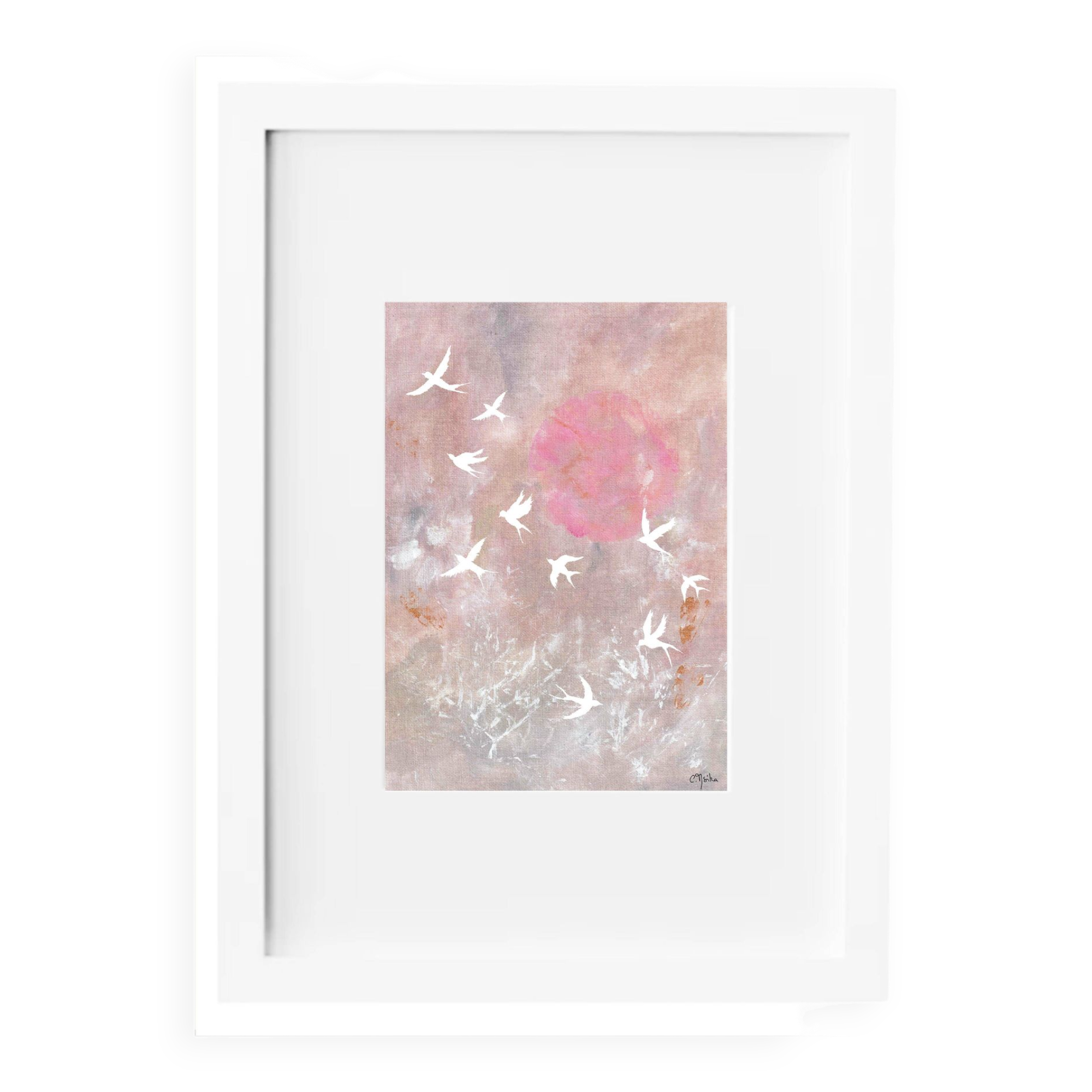 Art print, Flight and pink sun.