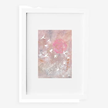 Art print, Flight and pink sun.