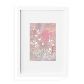 Art print, Flight and pink sun.