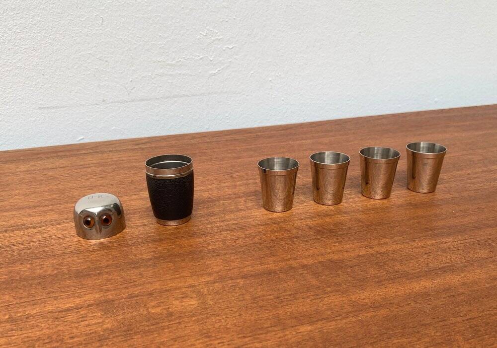 Set of 5 metal shot glasses in German owl style from the mid-century, 1960s.