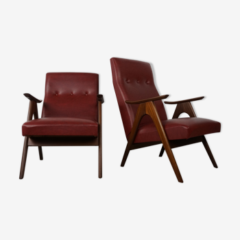 Pair of 1950s louis Van Teeffelen armchairs in teak and faux leather burgundy