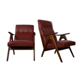 Pair of 1950s louis Van Teeffelen armchairs in teak and faux leather burgundy