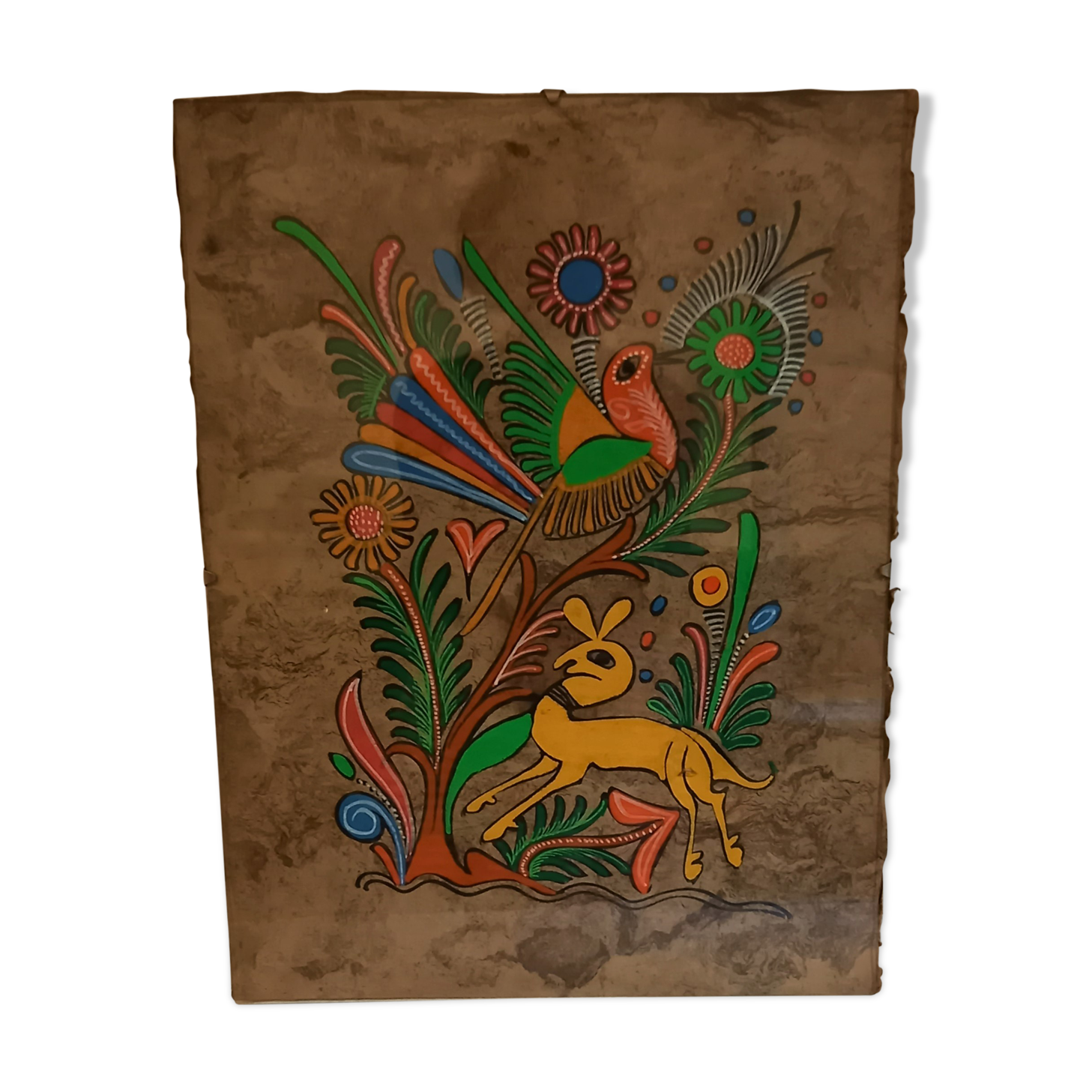 Mexican handmade painting, doe and bird, on natural vegetable fiber
