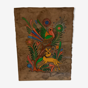 Mexican handmade painting, doe and bird, on natural vegetable fiber