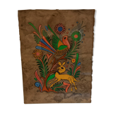 Mexican handmade painting, doe and bird, on natural vegetable fiber
