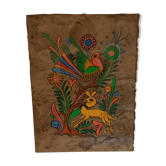 Peinture artisanale mexicaine biche et oiseau sur fibre végétale naturelle