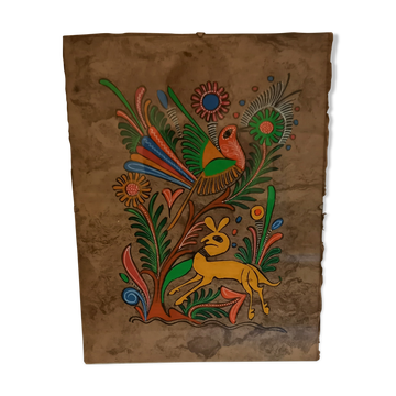 Mexican handmade painting, doe and bird, on natural vegetable fiber