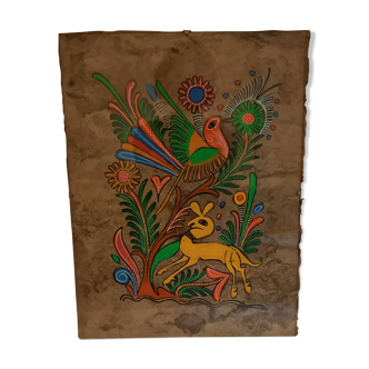 Mexican handmade painting, doe and bird, on natural vegetable fiber